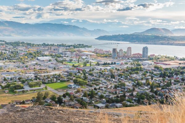 Downtown Kelowna in autumn viewed from Knox Mountain with Okanag