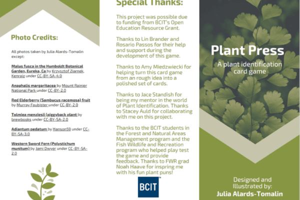 Plant Press: A plant identification card game designed and illustrated by: Julia Alards-Tomalin with a Creative Commons BY-SA license. Green leaves comprise the background. Special Thanks and Photo Credits headers are visible, though the image is too small to read them.