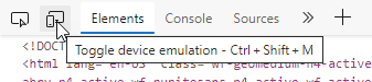 Dev Tools menu bar with the cursor hovering over the tiny Toggle Device Emulation icon, second from left