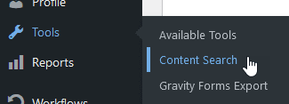 WordPress Menu showing the tools submenu for Publishers and the Content Search item