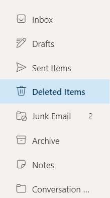Deleted Items folder selected in list of folders