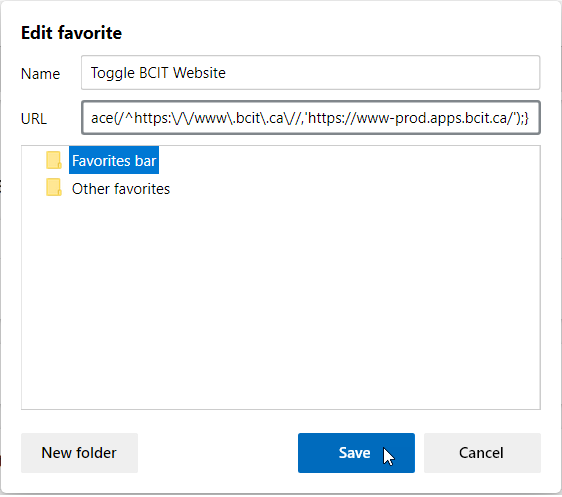 edit bookmark dialogue with fields correctly filled and cursor over blue save button at bottom