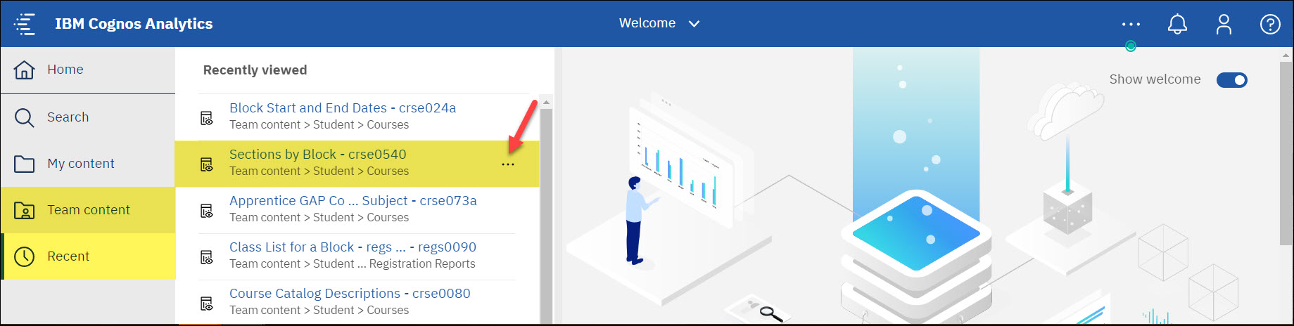 Screenshot Cognos My content and Recent to copy a report