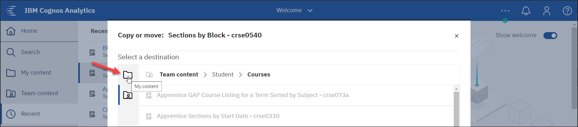 Screenshot Cognos Copy to My Content folder