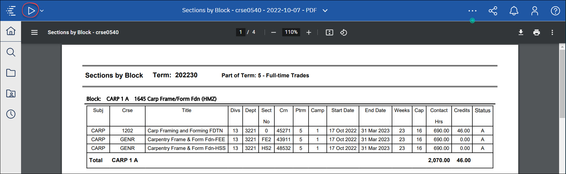 Screenshot Cognos View Version Run Report
