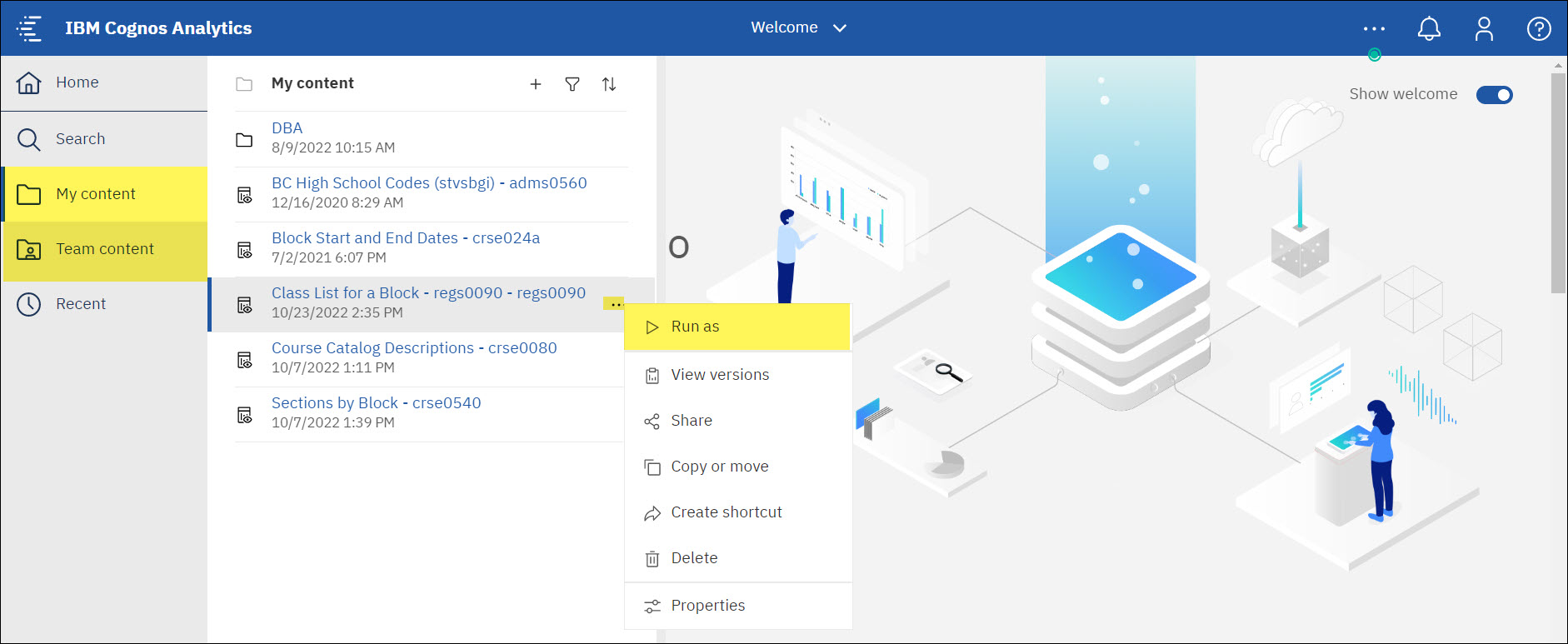Screenshot Cognos My Content to Run as