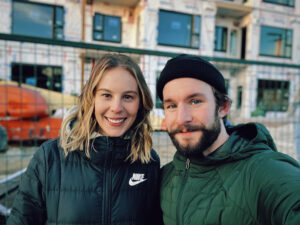 Casual shot of Ziggy and Kate Linklater dressed in winter clothing