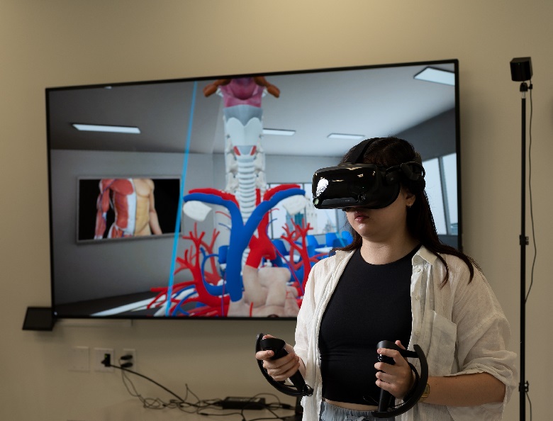 Woman using VR pointers with VR environment displayed on screen