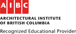 Red rectangles with the letters AIBC and text Architectural Institute of British Columbia Recognized Educational Provider