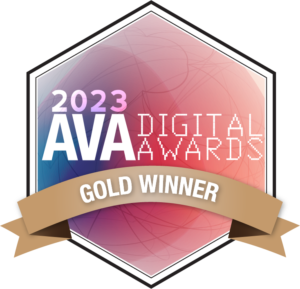 Gold AVA Digital Award badge with pink, blue, and gold colours.