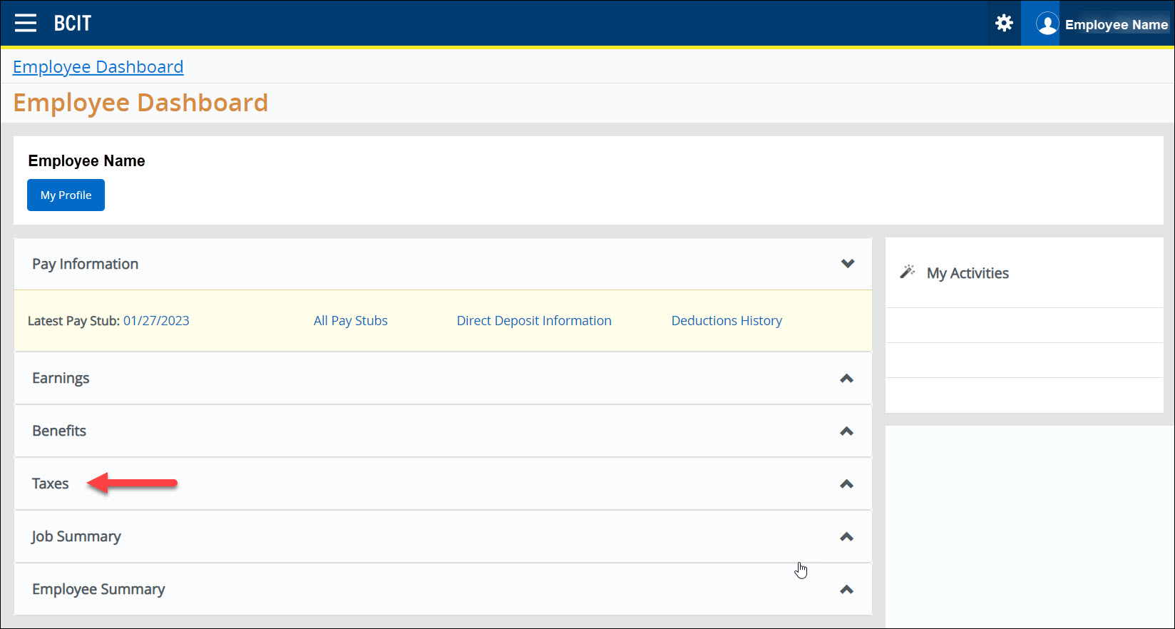 Screenshot myBCIT Employee Dashboard Taxes link