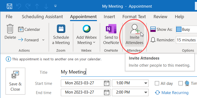 Ribbon in new appointment window showing the Invite Attendees button marked by a red circle.