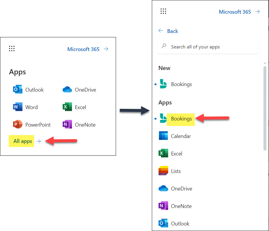 Screenshot of Microsoft Bookings All Apps and Bookings icon