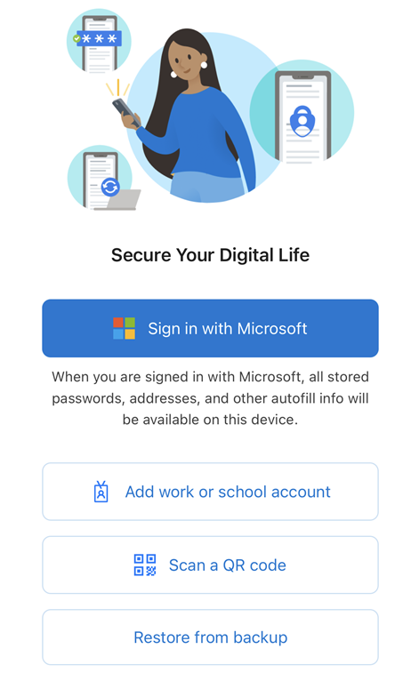Secure your digital life screen showing the Scan a QR code as the second option in the list