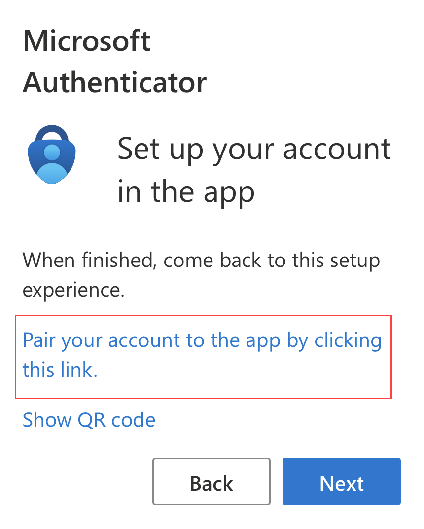 Set up your account in the app screen with a link to pair your account to the app 