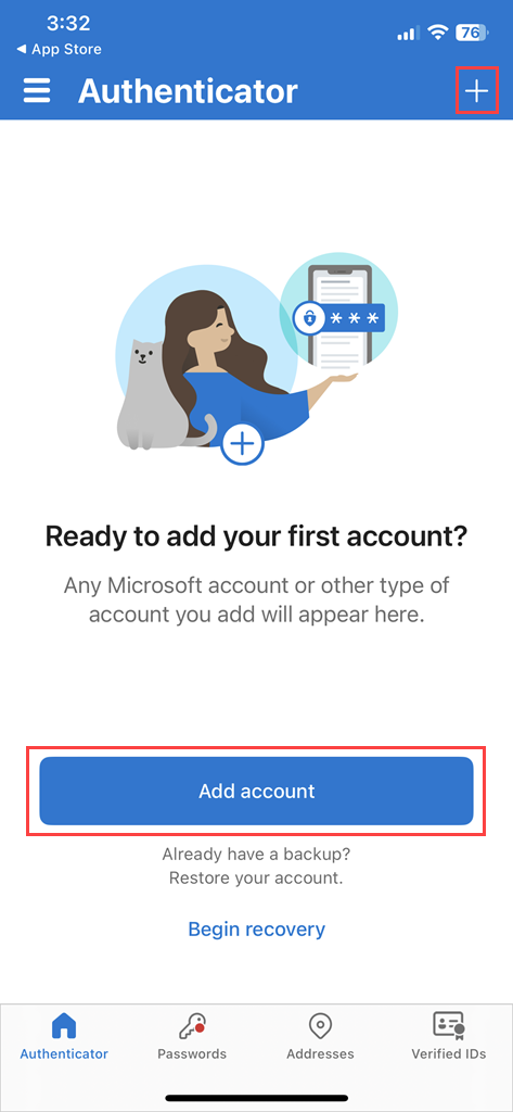 Authenticator screen in the app showing the + button at the top right and the Add account button near the center marked with red