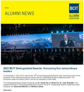 Alumni news yellow banner over image and text preview of the alumni enewsletter