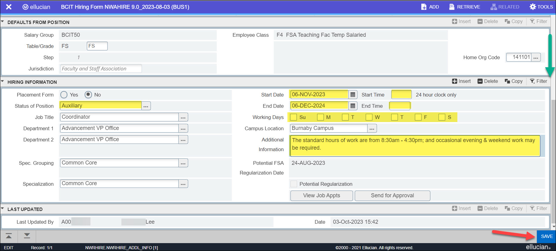 Screenshot Banner NWAHIRE Employee Extension last half of page SAVE