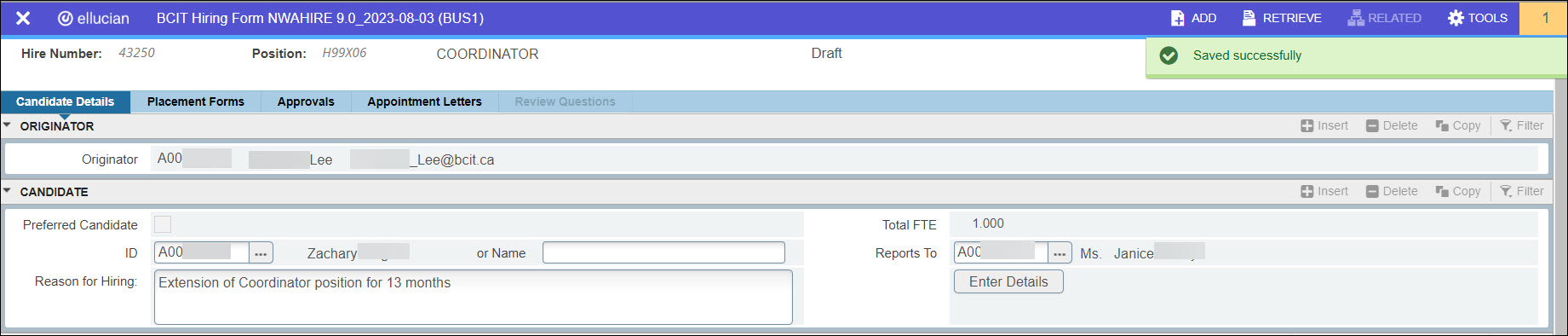 Screenshot NWAHIRE Employee Extension Saved Successfully message