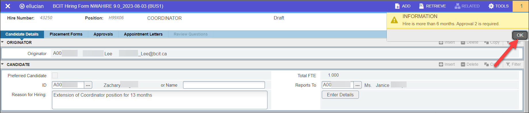 Screenshot Banner NWAHIRE Exmployee Extension More than 6 months message