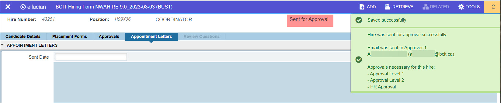 Screenshot Banner NWAHIRE Preferred Candidate sent to approver successfully message box