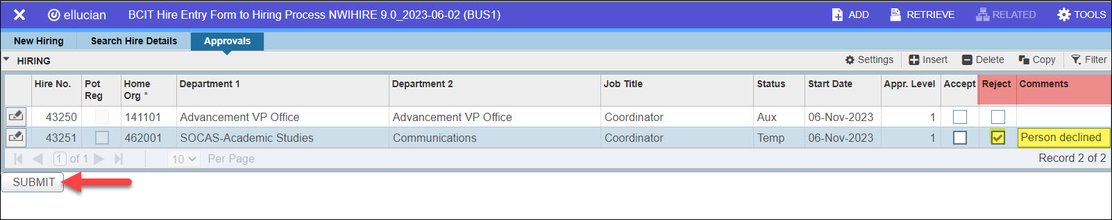 Screenshot Banner NWIHIRE Rejecting a hire