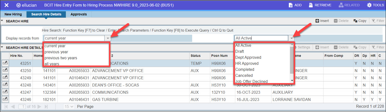 Screenshot Banner NWIHIRE Search Hire Details tab and filters