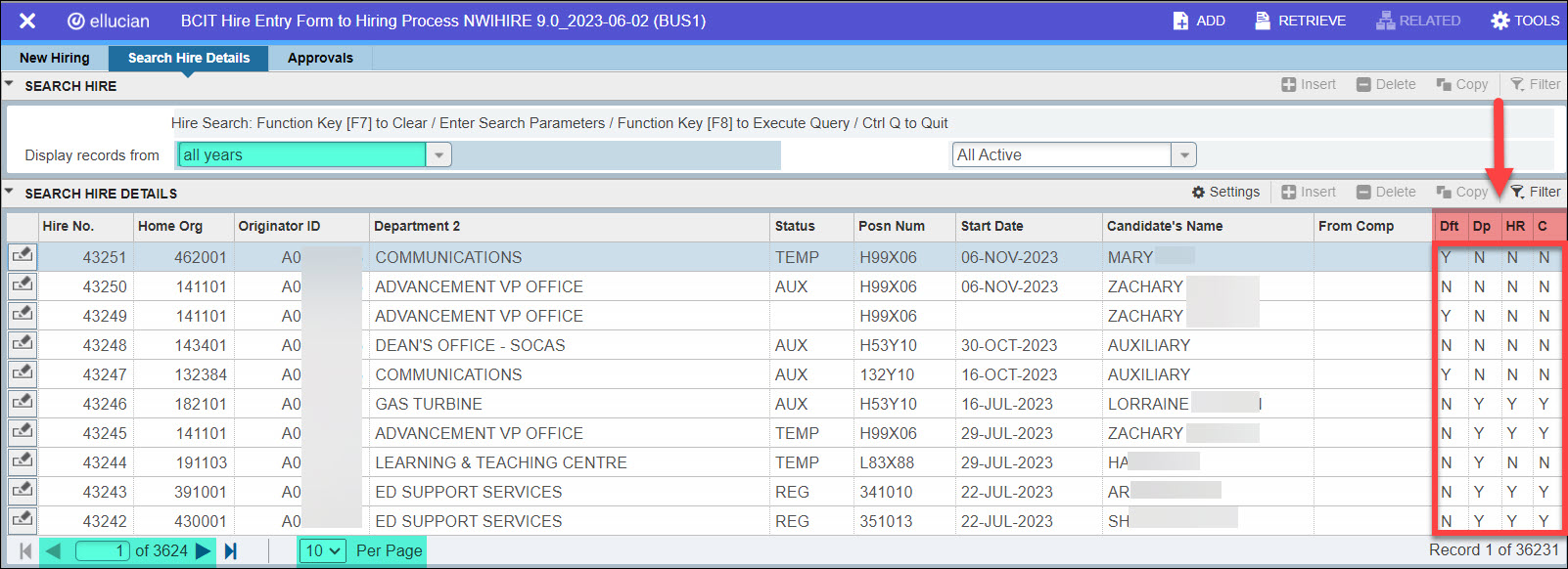 Screenshot Banner NWIHIRE Search Hire Details Dft Dp HR C
