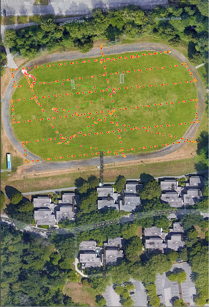 Aerial view of playing field with map