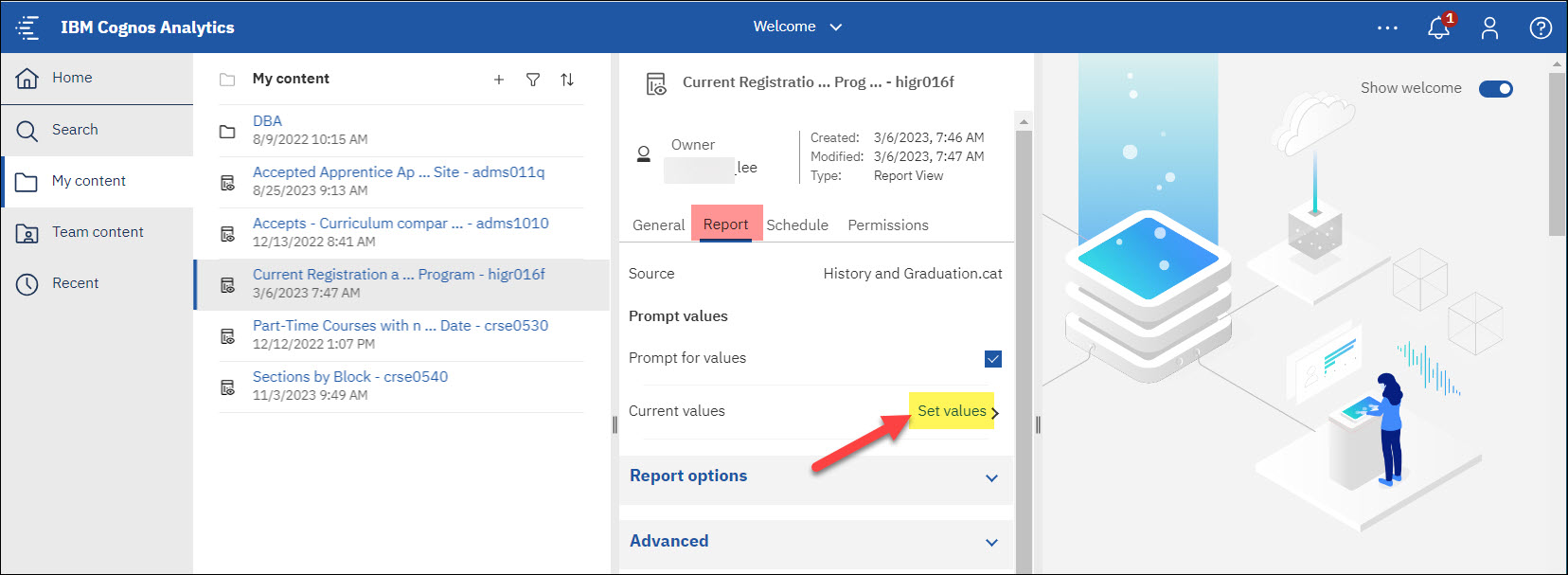 Screenshot Cognos click on Report tab and then Set values 