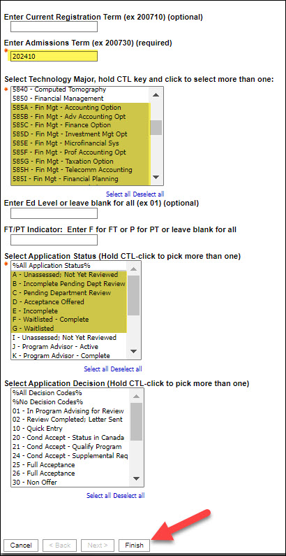 Screenshot Cognos selecting prompt values on a report