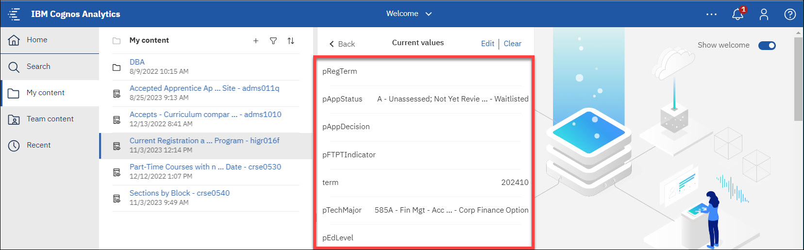 Screenshot Cognos Setting Report values to report done view