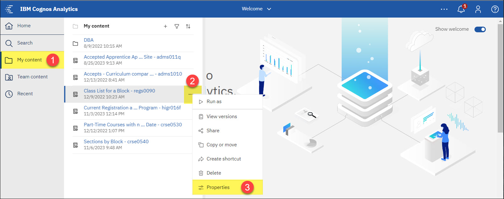 Screenshot Cognos My Content Ellipses to Properties