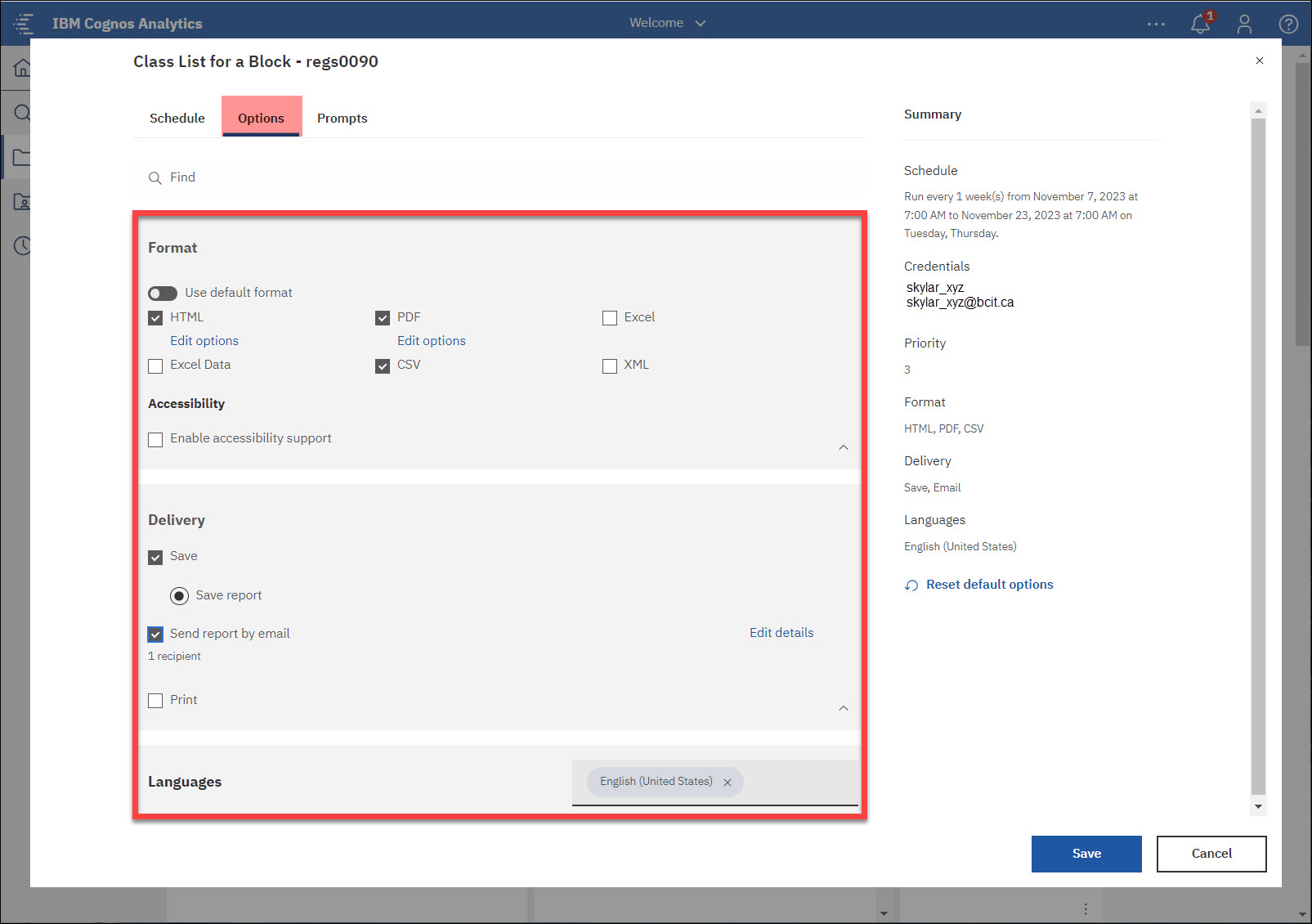 Screenshot Cognos Schedule Report and the Option tab where you select formats