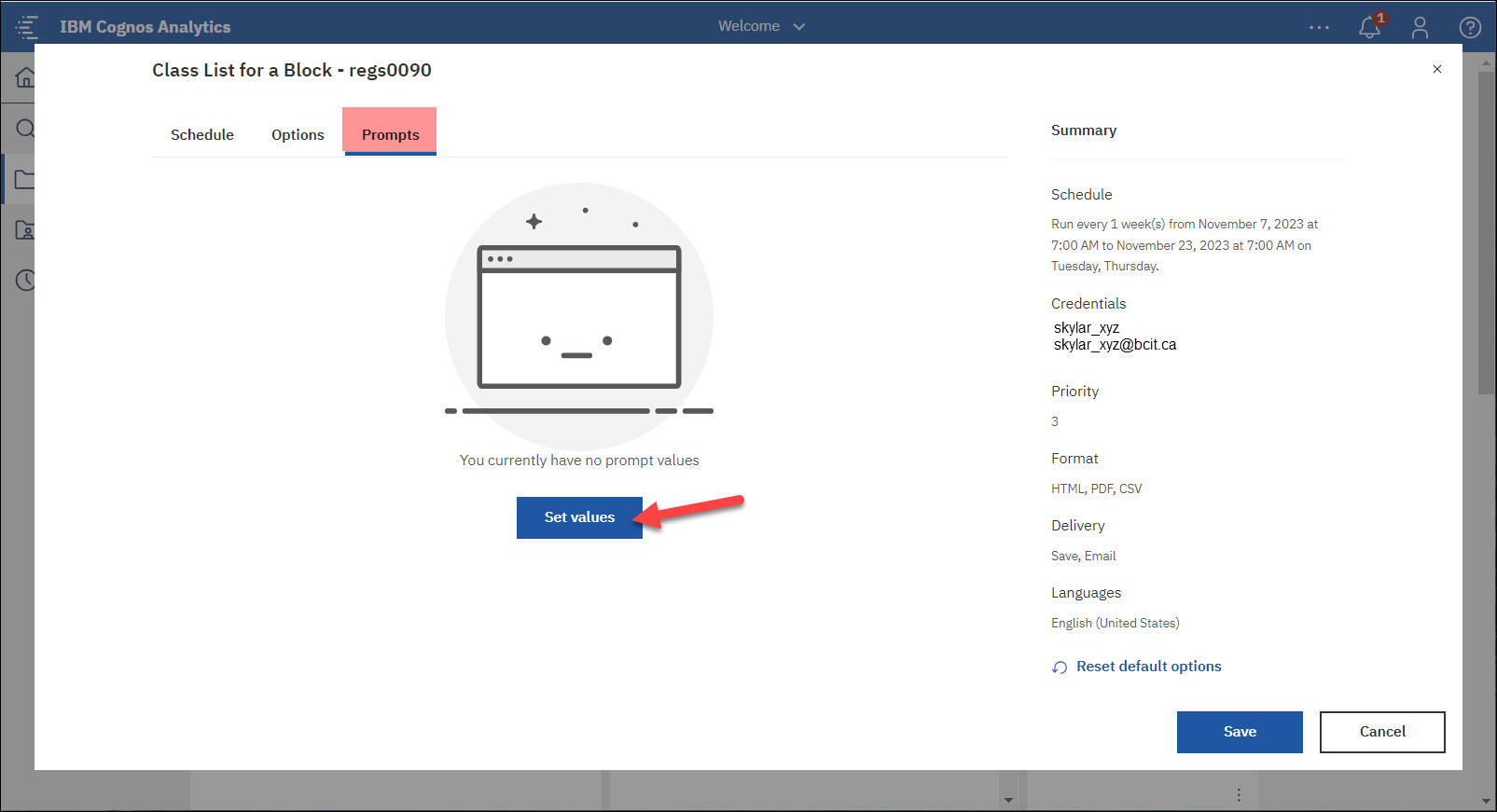 Screenshot Cognos Schedule Report and the Prompts tab to Set values