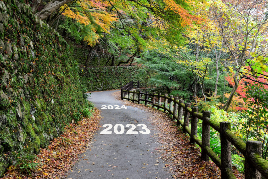 New year 2023 to 2024 on walkway in the mountain with maple trees.