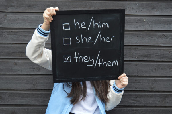 Teenager with a black board showing selection for gender identit