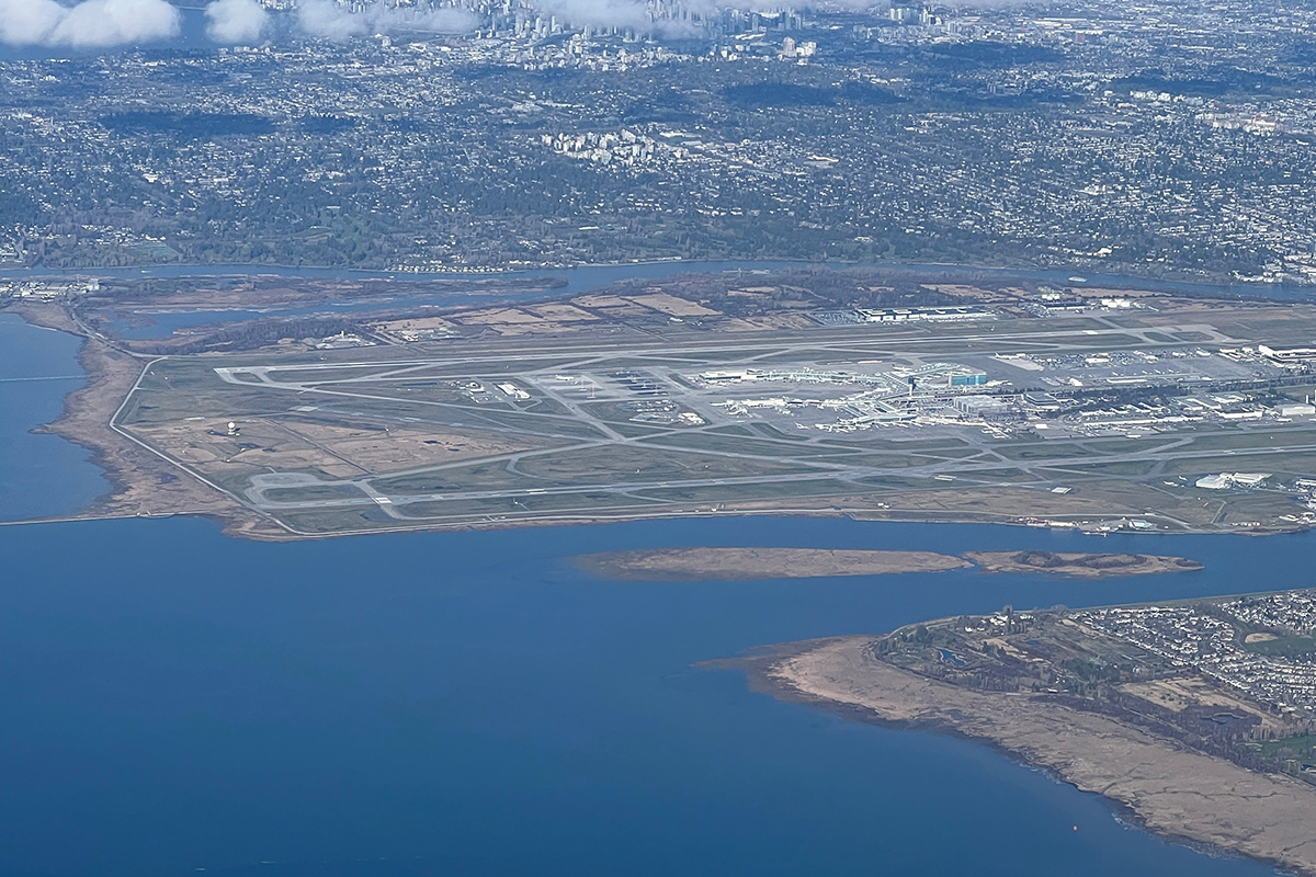 Vancouver Airport from Plane After Takeoff showing the Fraser River Estuary.