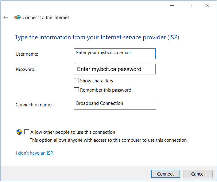 Window prompting user to enter their BCIT Username and Password
