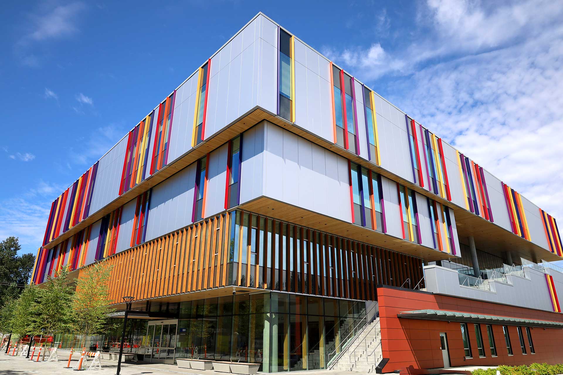 exterior front-side view of colourful 3-story BCIT health sciences centre