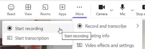 More submenu in Teams meeting toolbar showing Record and transcribe options
