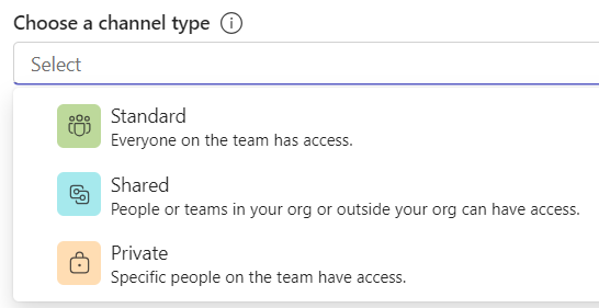 choose channel type selector showing standard, shared, and private 