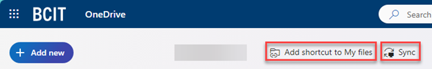 OneDrive access in a browser showing the add shortcut to my files and sync buttons marked in red
