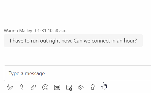 animated recording showing hovering over a previous message and clicking the curly arrow reply button, then typing a reply
