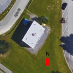 Top aerial view of the Building Envelope Test Facility and an arrow showing the North direction