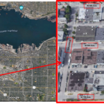 Satellite image of Vancouver and an inset of a block in Vancouver used for CFD modelling