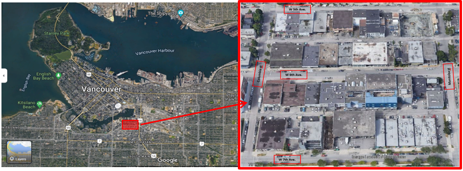 Satellite image of Vancouver and an inset of a block in Vancouver used for CFD modelling