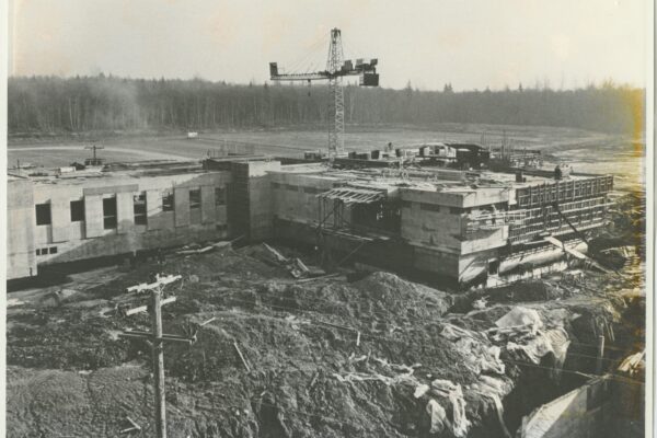 black and white photo from BCIT's Archives. Showing the Burnaby Library under construction in 1967.