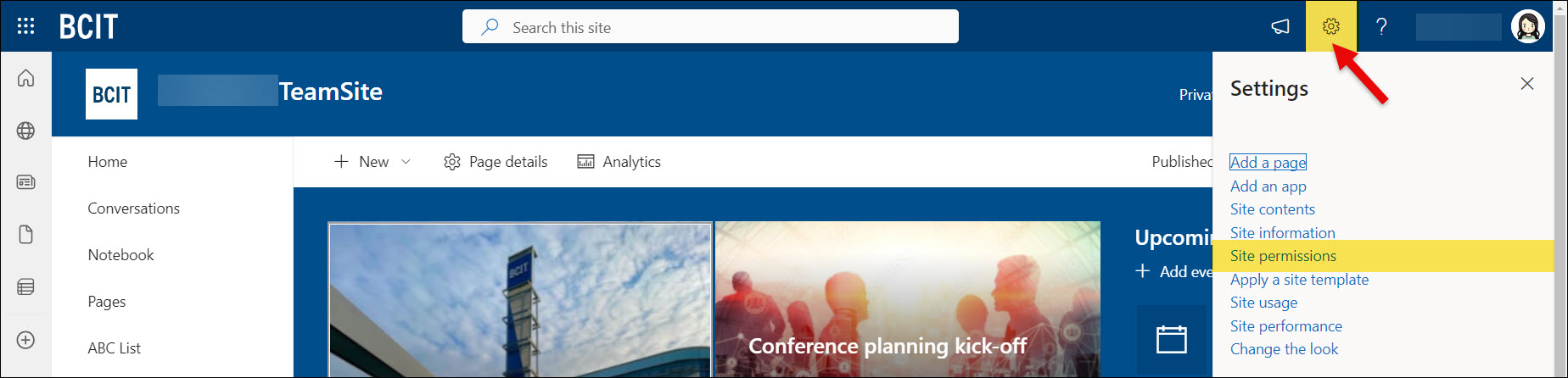 SharePoint Team Site Settings icon to Site permissions