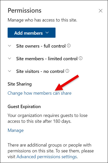 SharePoint Site Permissions Change how members can share link